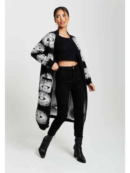 Liquorish Eye Pattern Longline Cardigan in Black-Clothing - Women-Liquorish-S-Urbanheer