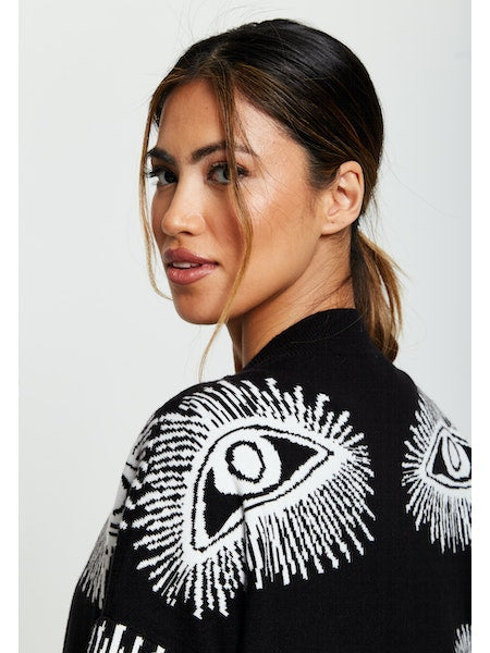 Liquorish Eye Pattern Longline Cardigan in Black-Clothing - Women-Liquorish-S-Urbanheer