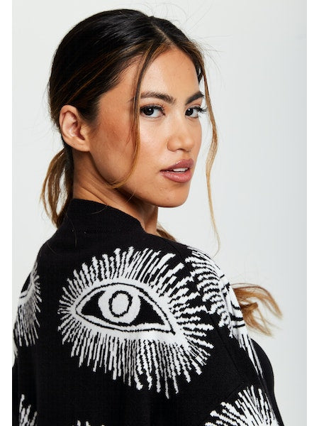 Liquorish Eye Pattern Longline Cardigan in Black-Clothing - Women-Liquorish-S-Urbanheer