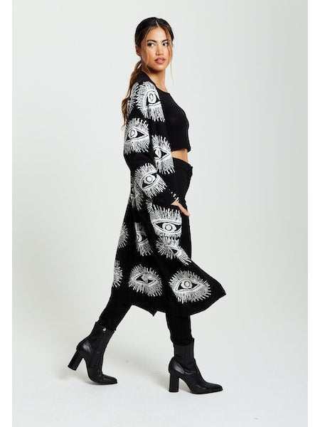 Liquorish Eye Pattern Longline Cardigan in Black-Clothing - Women-Liquorish-S-Urbanheer