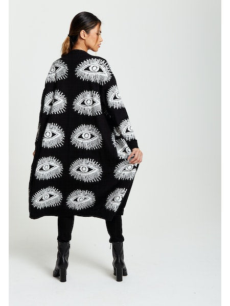 Liquorish Eye Pattern Longline Cardigan in Black-Clothing - Women-Liquorish-S-Urbanheer