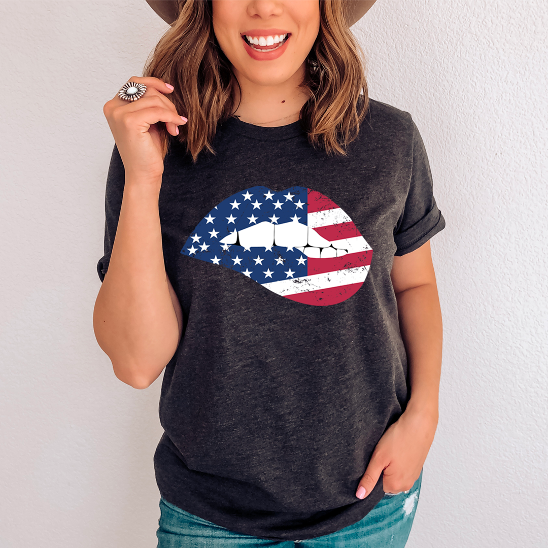 American Flag Lips T-Shirt-MerchMallow-Dark Grey Heather-S-Urbanheer