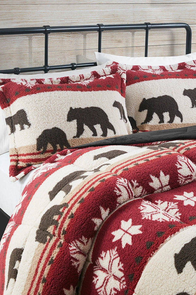 Winter Cabin Sherpa Comforter Set, Red.-Olliix-Urbanheer