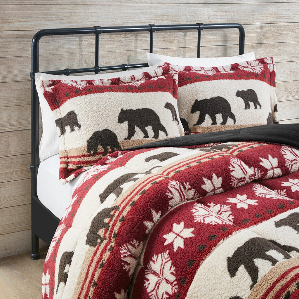 Winter Cabin Sherpa Comforter Set, Red.-Olliix-King-Urbanheer