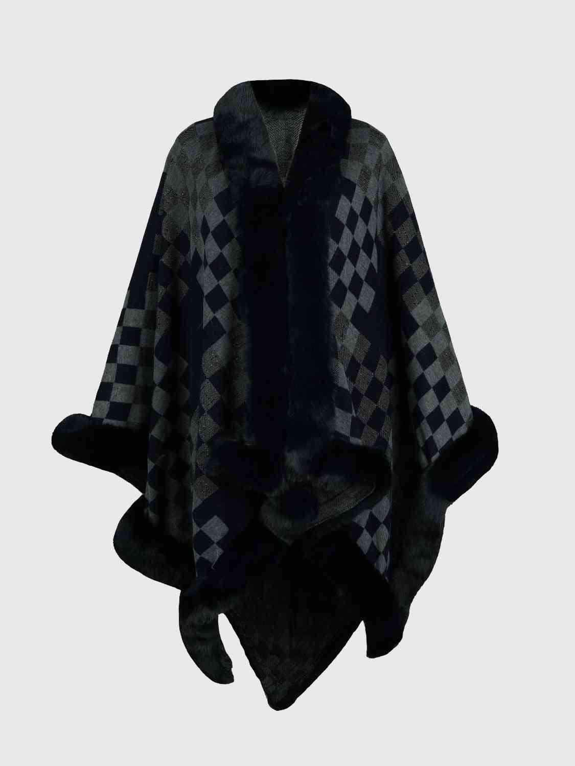 Checkered Faux Fur Trim Poncho-Street 360-Charcoal-One Size-Urbanheer