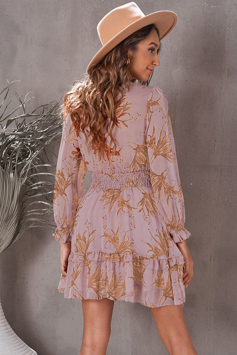 Floral Deep V Flounce Sleeve Mini Dress-Street 360-Light Mauve-S-Urbanheer
