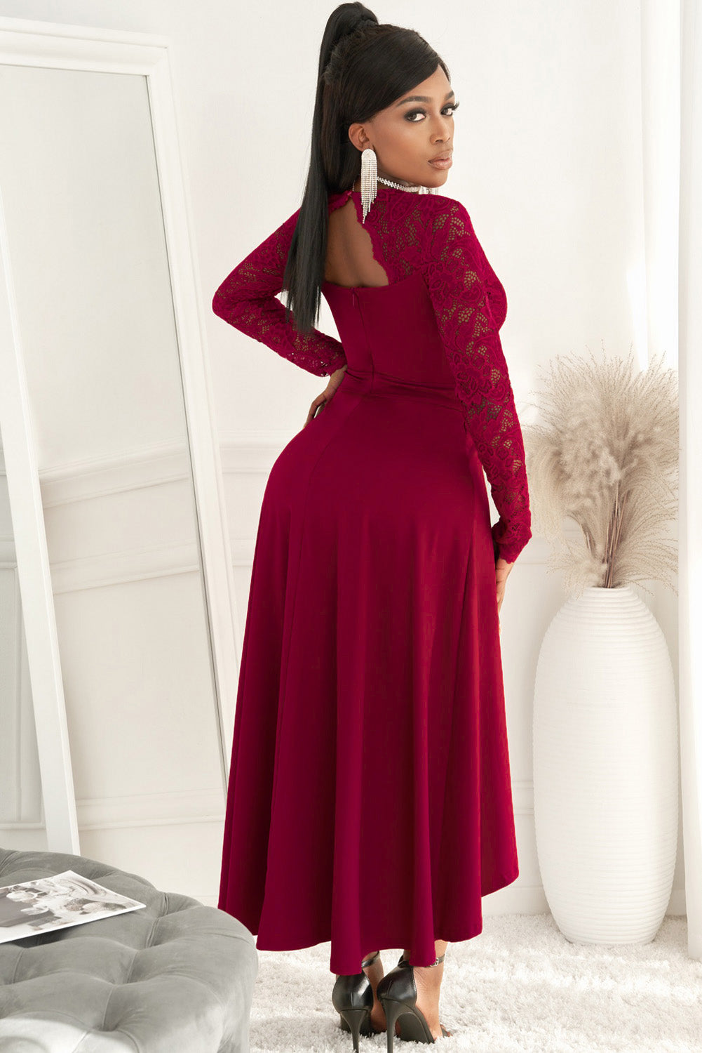 Lace High-Low V-Neck Dress-Street 360-Black-S-Urbanheer