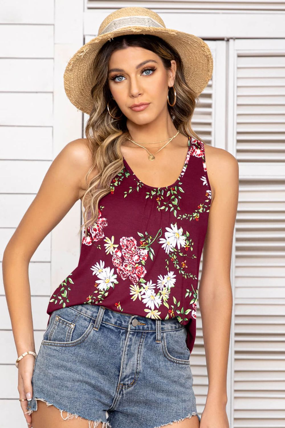 Floral Scoop Neck Tank Top-Street 360-Wine-S-Urbanheer