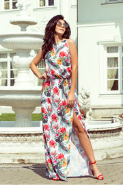 Numoco 191-4 Long dress tied at the neck - flowers on a white background-numoco-Flowers On A White Background-S-Urbanheer