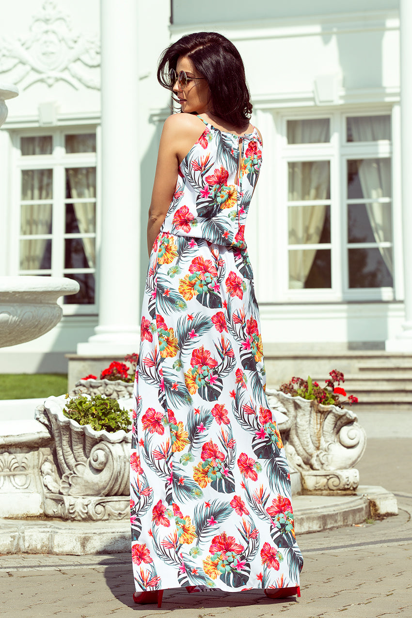 Numoco 191-4 Long dress tied at the neck - flowers on a white background-numoco-Flowers On A White Background-S-Urbanheer