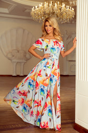 Numoco 194-1 Long Dress With Frill - Colorful Painted Flowers-numoco-Colorful Painted Flowers-XS-Urbanheer