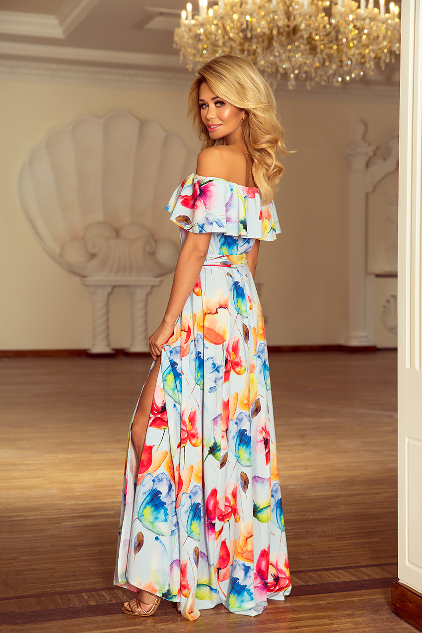 Numoco 194-1 Long Dress With Frill - Colorful Painted Flowers-numoco-Colorful Painted Flowers-XS-Urbanheer