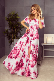 Numoco 194-2 Long Dress With Frill - Big Pink Flowers-numoco-Big Pink Flowers-XS-Urbanheer