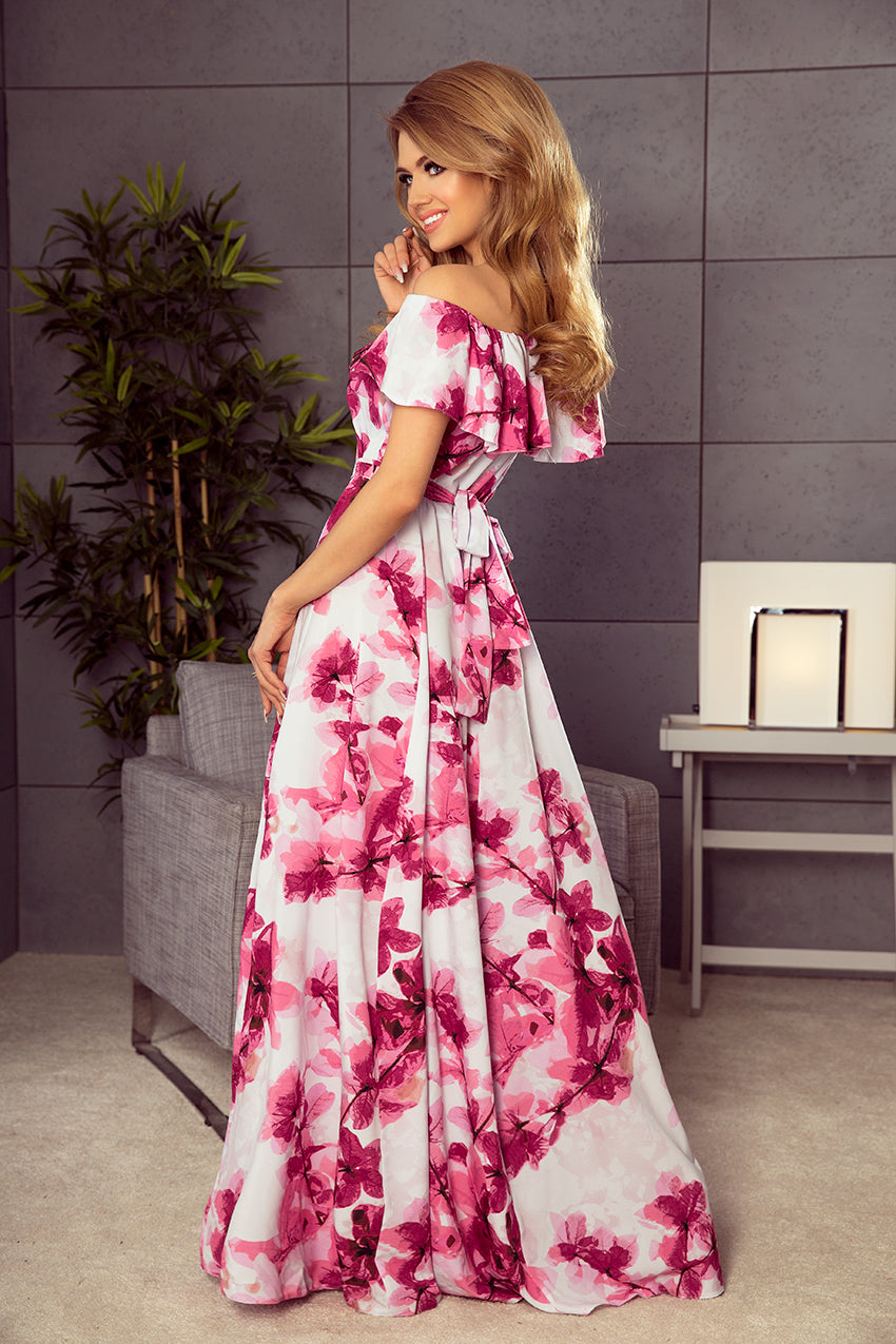 Numoco 194-2 Long Dress With Frill - Big Pink Flowers-numoco-Big Pink Flowers-XS-Urbanheer