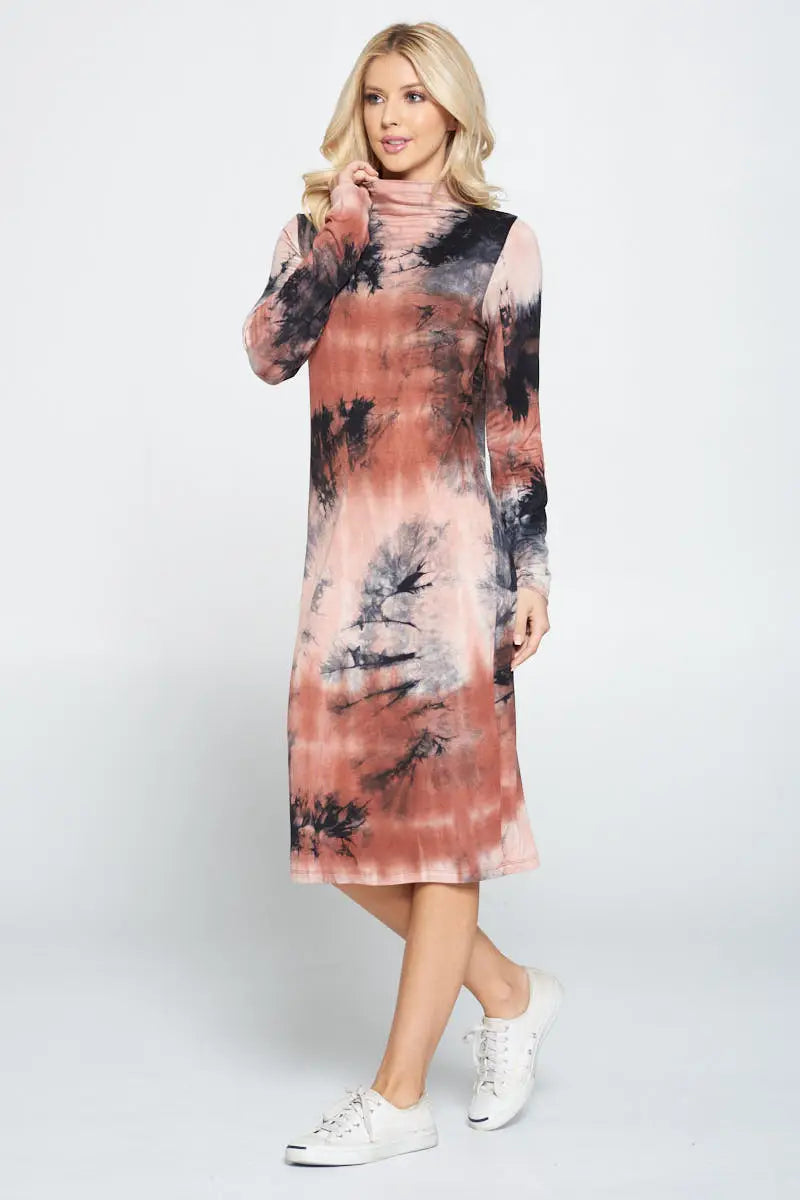 Tie Dye Cowl And Mock Neck Midi Dress.-Heer Decor-S-Urbanheer