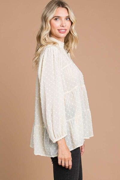Culture Code Full Size Swiss Dot Smocked Mock Neck Blouse-Street 360-IVORY CREAM-S-Urbanheer