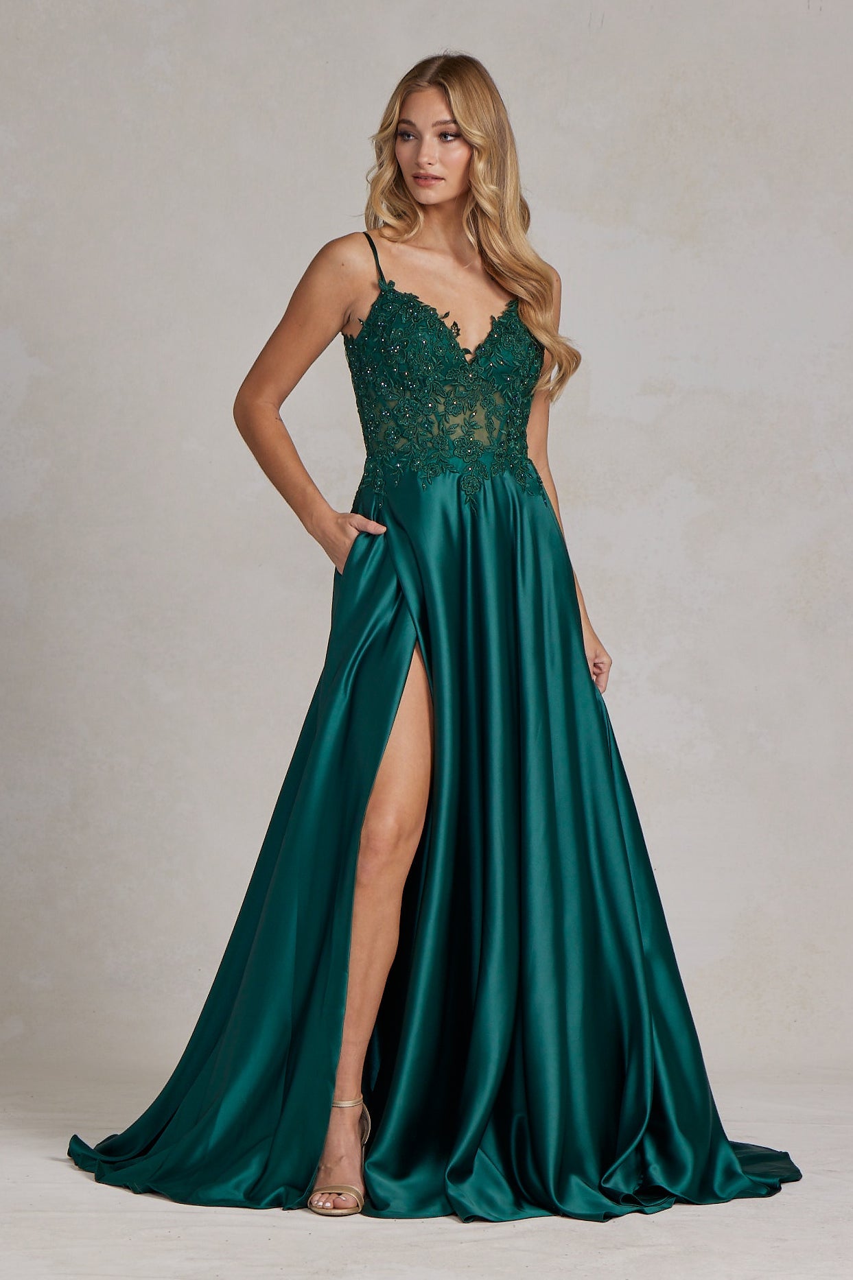 Embroidered Lace Bodice Open V-Back-NXAB-00-EMERALD-Urbanheer