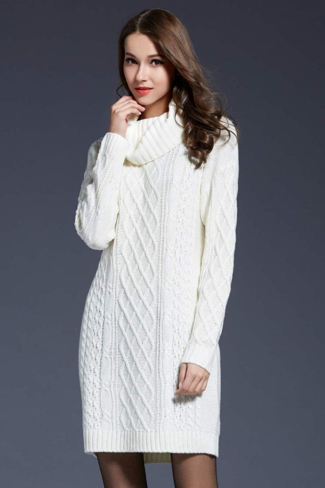 Full Size Mixed Knit Cowl Neck Dropped Shoulder Sweater Dress-Collab-White-M-Urbanheer