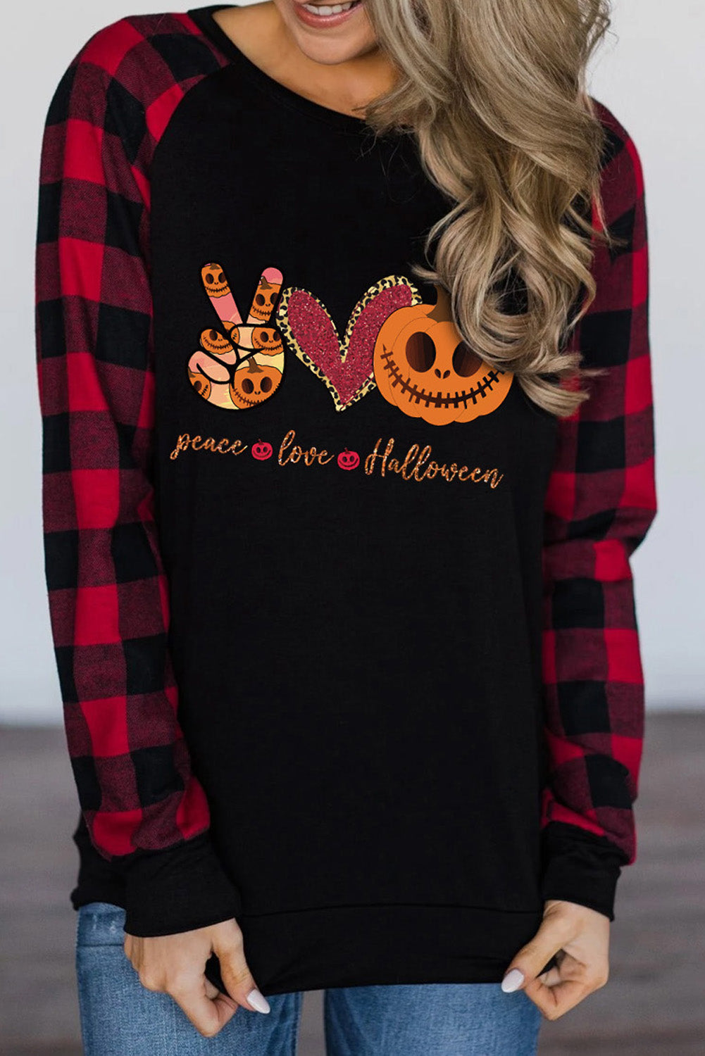 Halloween Letter Pumpkin Print Plaid Raglan Sleeve Top-UHXC-Black-(US 4-6)S-Urbanheer