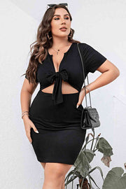 Plus Size Cutout Tie Front Short Sleeve Dress-Street 360-Black-1XL-Urbanheer