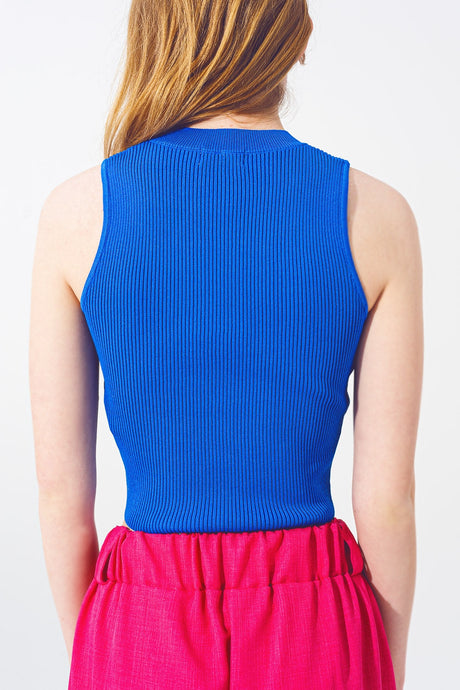 Blue Sleeveless Cropped Thin Sweater