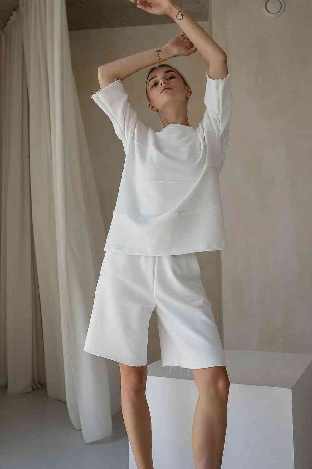 Round Neck Long Sleeve Top And Shorts Set-Street 360-White-S-Urbanheer