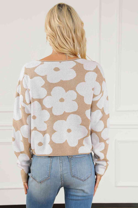 Floral Print Round Neck Drop Shoulder Sweater