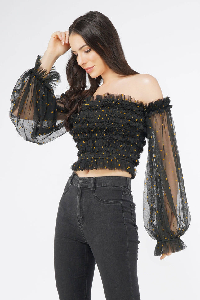 Rolf Black Tulle Top with-Lace & Beads-UK8-Urbanheer