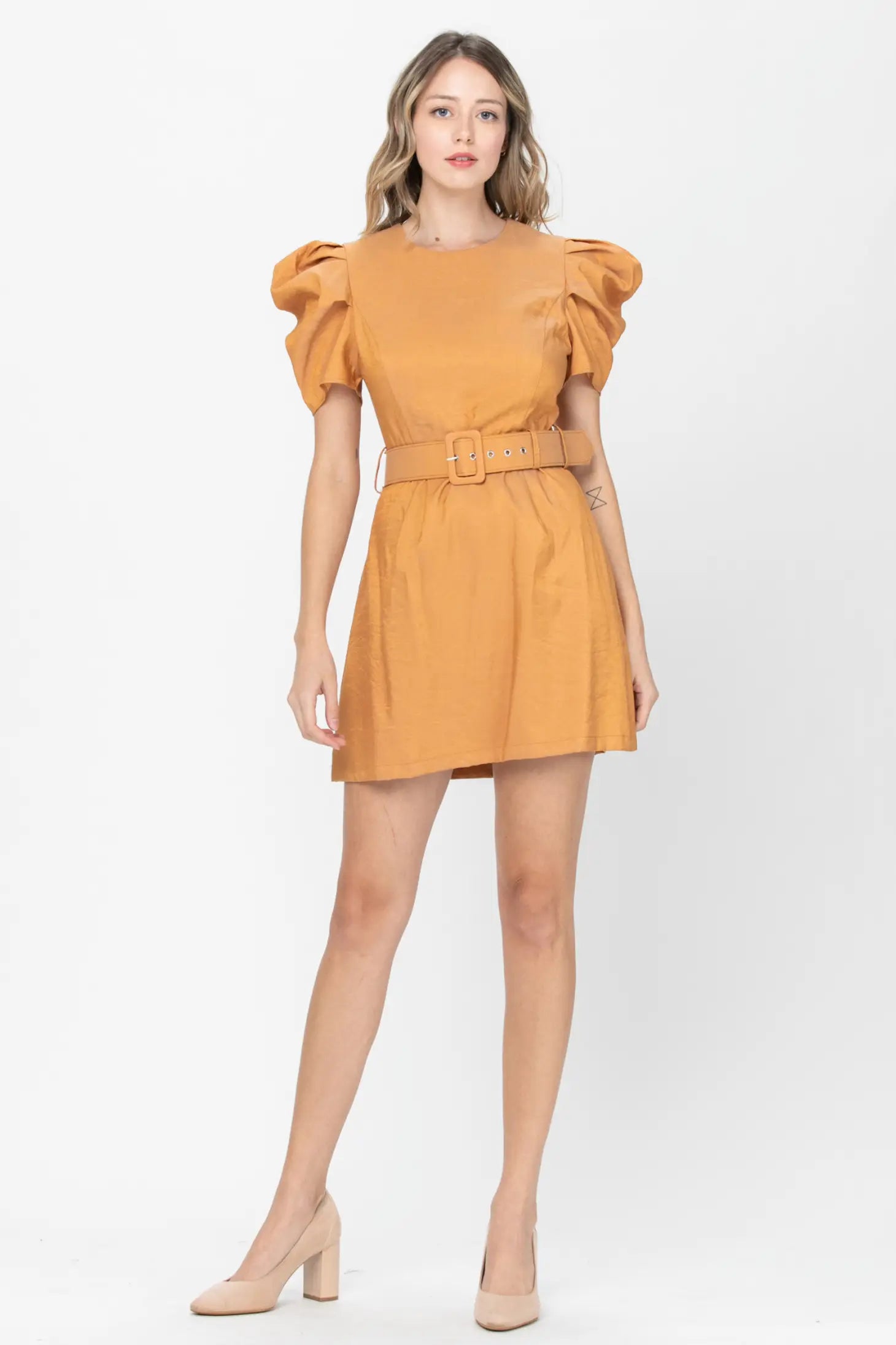 Bubble Sleeve Belted Mini Dress - Caramel-Neon Blush-S-Urbanheer