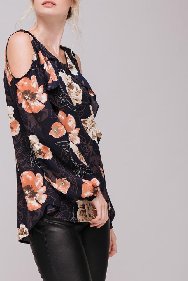 Women's Floral Print Long Sleeve Open Shoulder Top