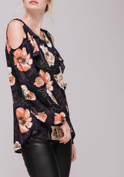 Women's Floral Print Long Sleeve Open Shoulder Top-Lemon Hera-L-Urbanheer