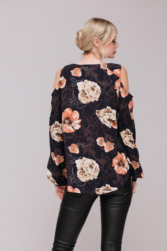 Women's Floral Print Long Sleeve Open Shoulder Top