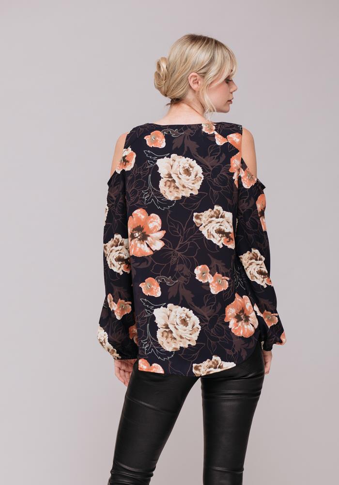 Women's Floral Print Long Sleeve Open Shoulder Top-Lemon Hera-L-Urbanheer