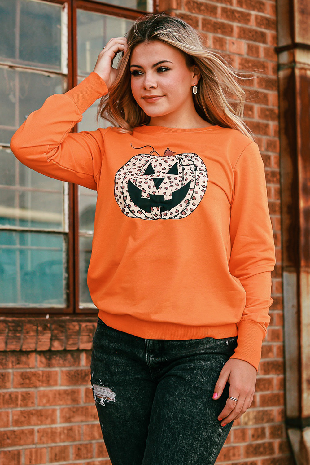Orange Halloween Leopard Pumpkin Face Sweatshirt-UHXC-Orange-(US 4-6)S-Urbanheer