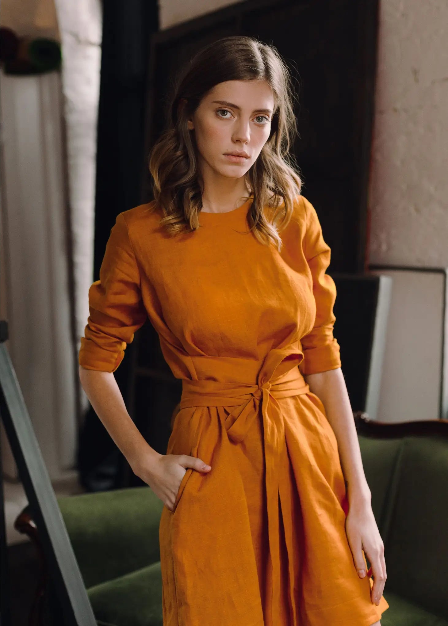 Linen Mustard Yellow Wrap Dress Xs