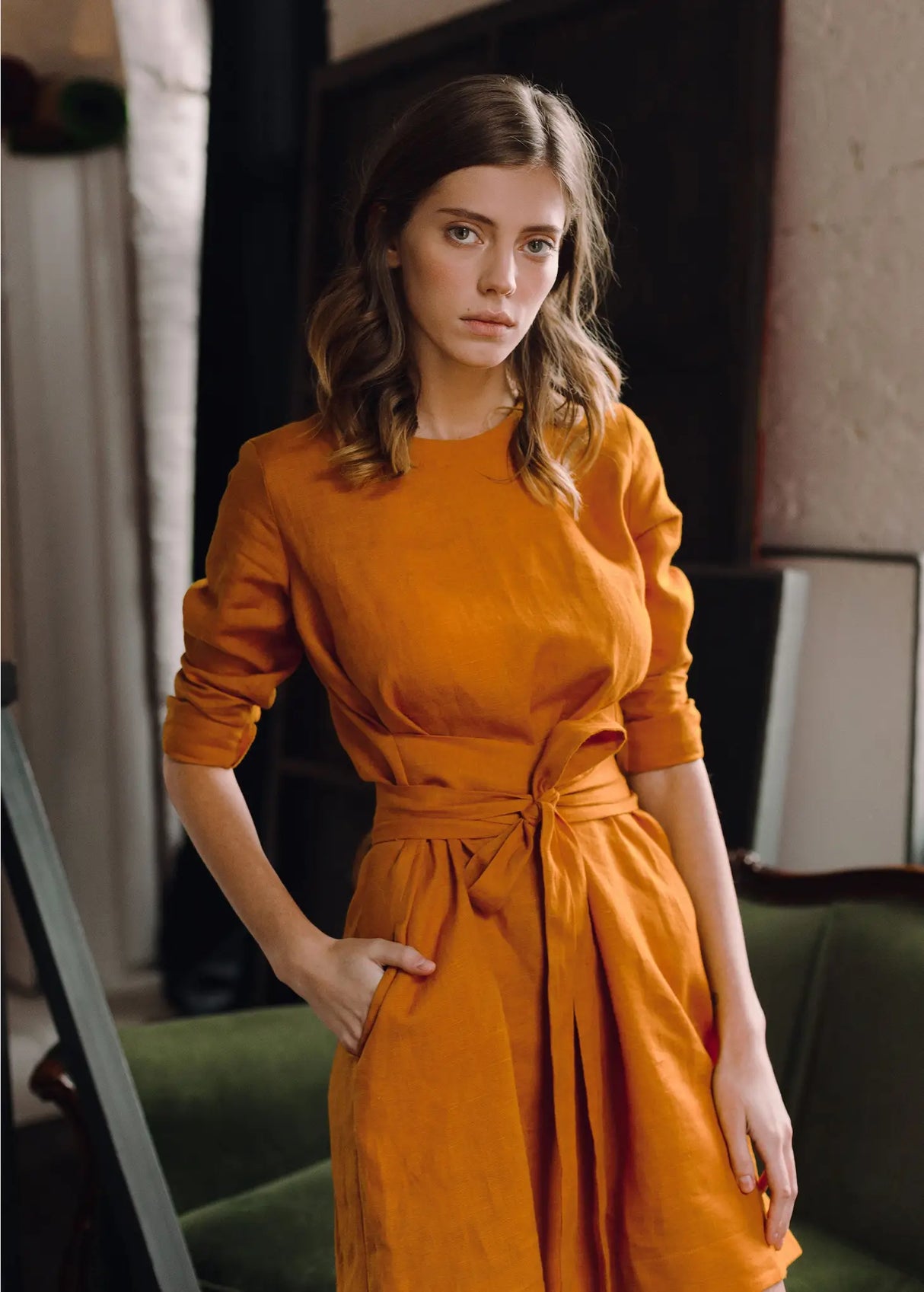 Linen Mustard Yellow Wrap Dress – Urbanheer