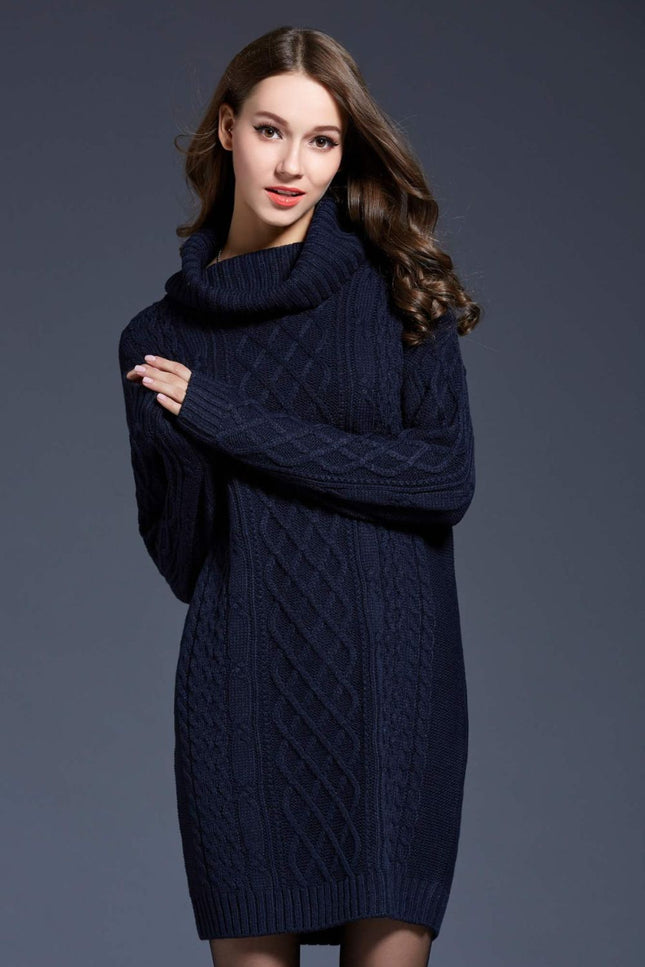 Full Size Mixed Knit Cowl Neck Dropped Shoulder Sweater Dress-Collab-Navy-M-Urbanheer