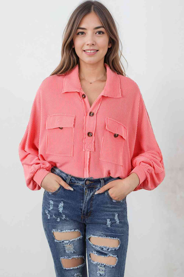 Buttoned Collared Neck Long Sleeve Top-UHX-Coral-S-Urbanheer