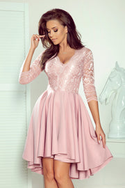 Numoco 210-11 Nicolle - Dress With Longer Back With Lace Neckline - Powder Pink-numoco-Powder Pink-S-Urbanheer