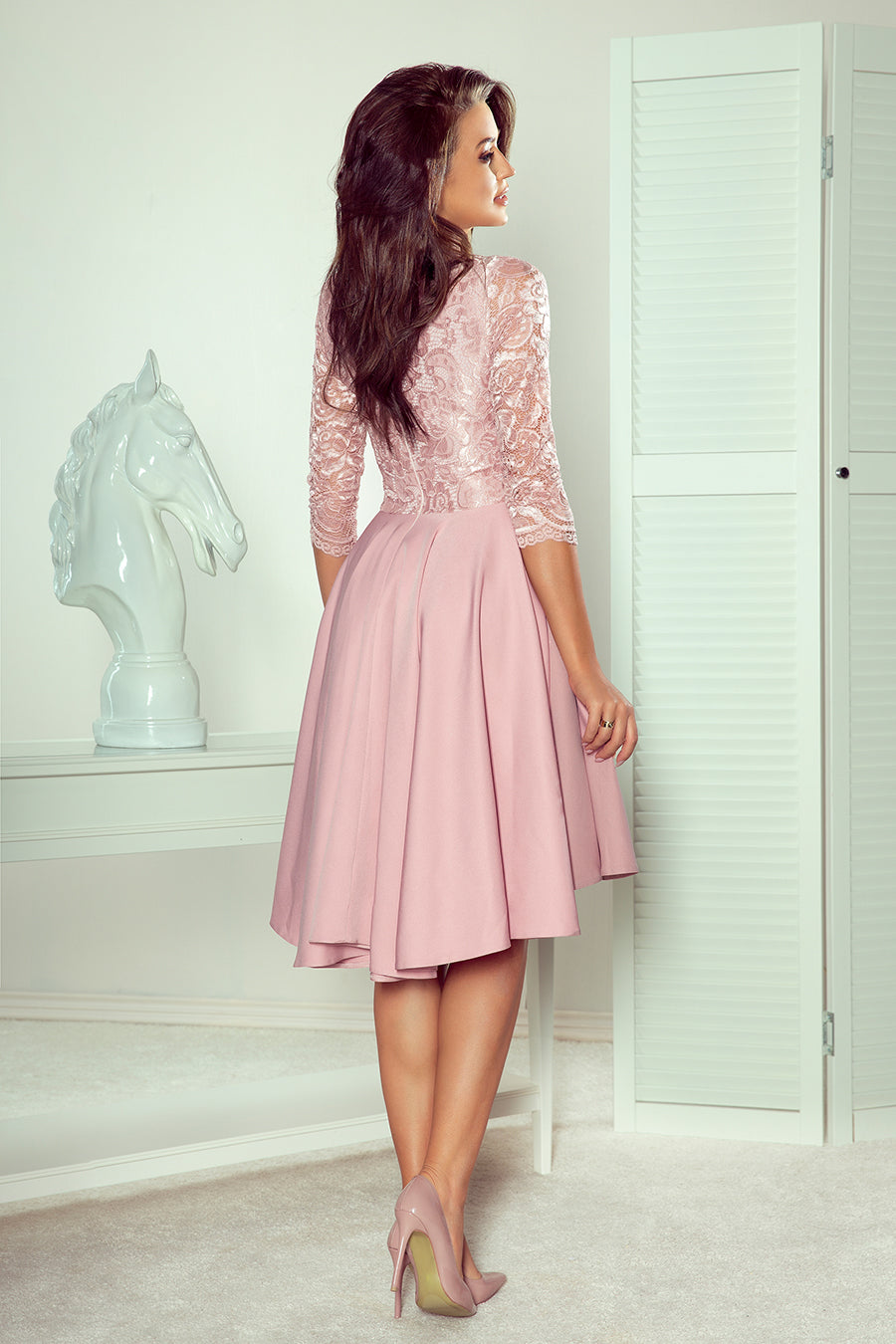 Numoco 210-11 Nicolle - Dress With Longer Back With Lace Neckline - Powder Pink-numoco-Powder Pink-S-Urbanheer