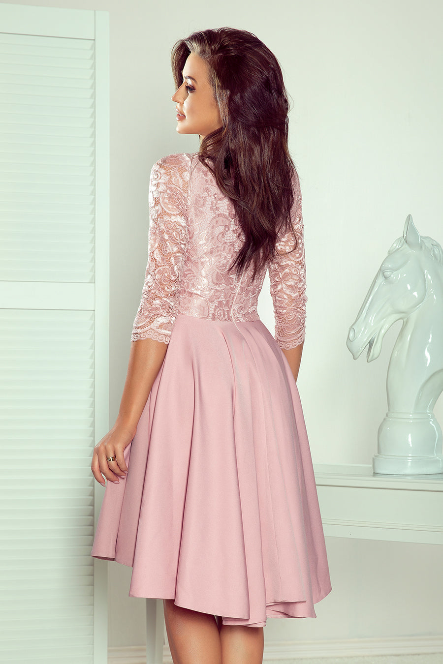 Numoco 210-11 Nicolle - Dress With Longer Back With Lace Neckline - Powder Pink-numoco-Powder Pink-S-Urbanheer