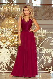 Numoco 211-2 Lea Long Dress With Lace Neckline - Burgundy Color-numoco-Burgundy Color-S-Urbanheer