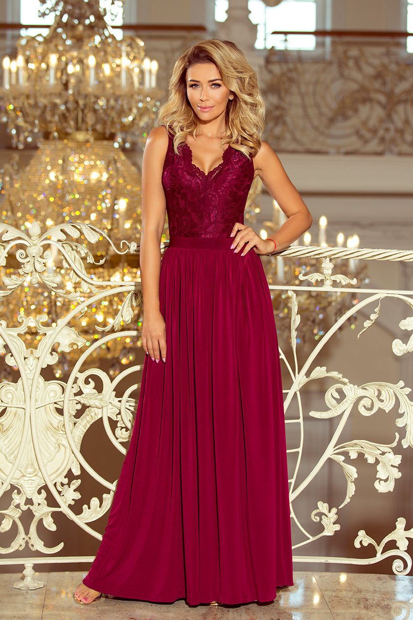 Numoco 211-2 Lea Long Dress With Lace Neckline - Burgundy Color-numoco-Burgundy Color-S-Urbanheer