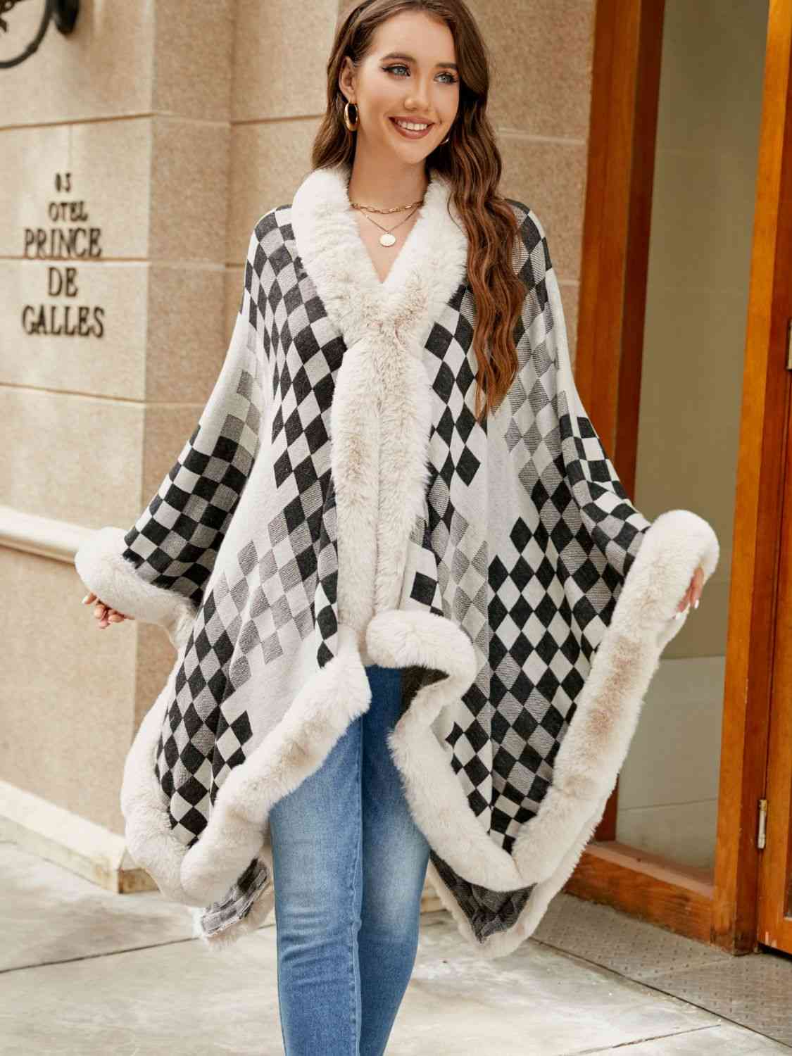 Checkered Faux Fur Trim Poncho-Street 360-Ivory-One Size-Urbanheer
