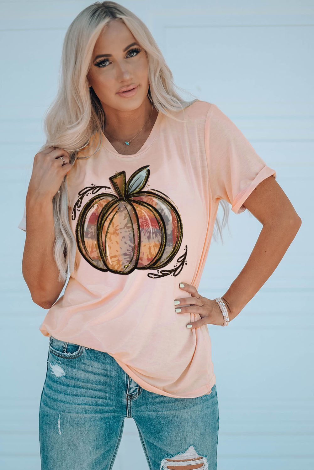 Pink Pumpkin Graphic Print Crew Neck T Shirt-UHXC-Pink-(US 4-6)S-Urbanheer