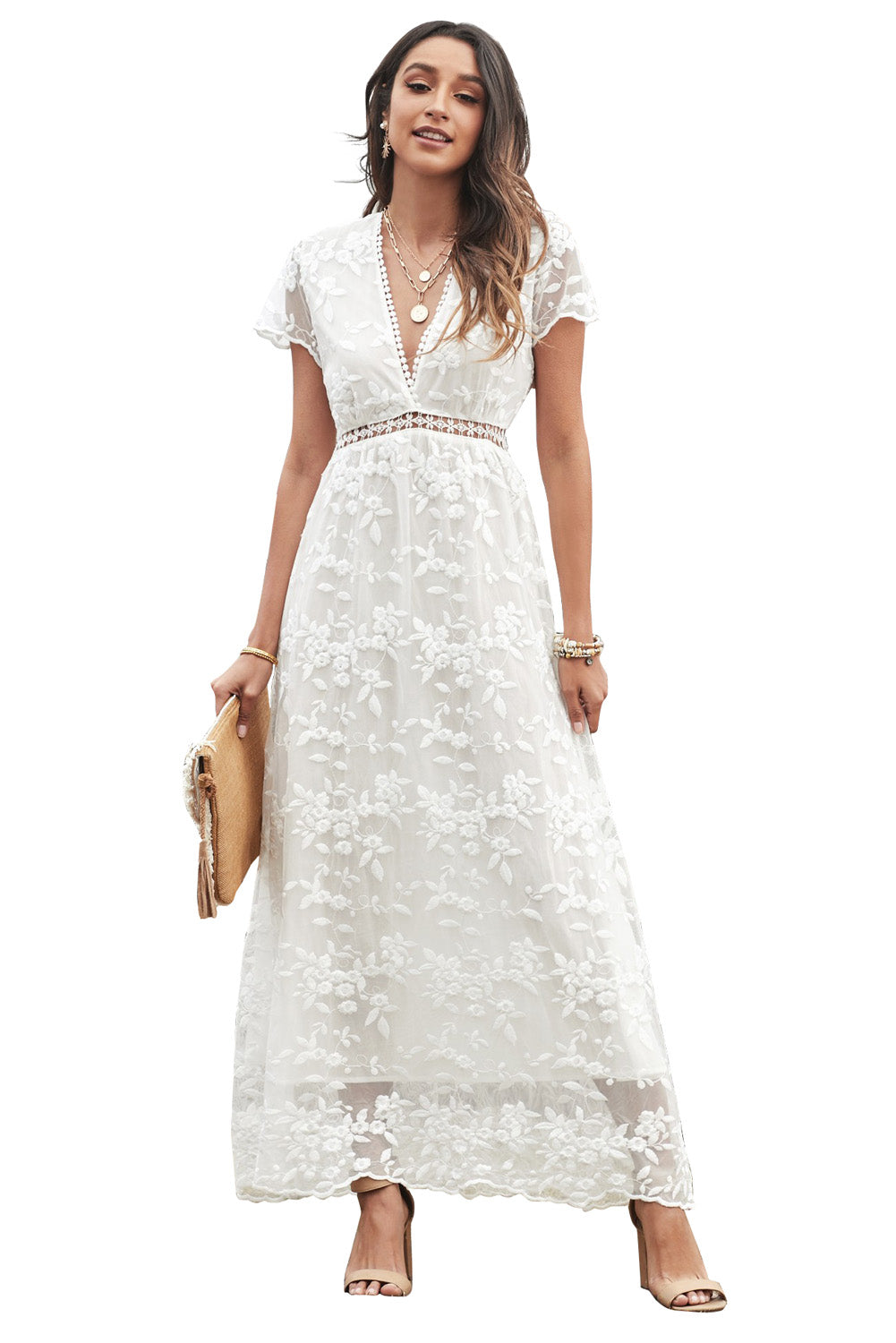 White V Neck Lace Maxi Dress-UHXC-White-(US 4-6)S-Urbanheer