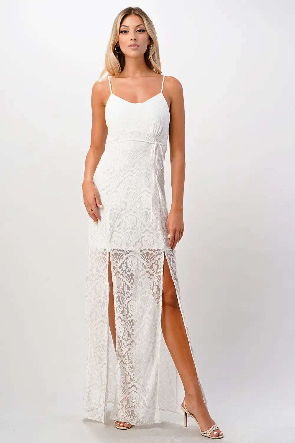 Front Slit Lace Maxi Dress - White-MILEY + MOLLY-S-White-Urbanheer