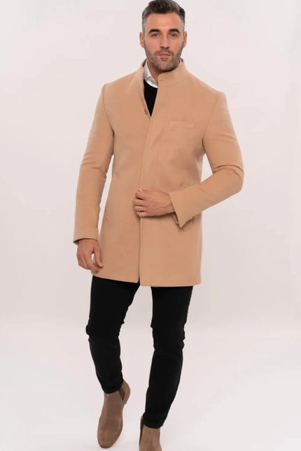 Mandarin Collar Beige Men's Long Men's Coat-Clothing - Men-Wessi-Urbanheer