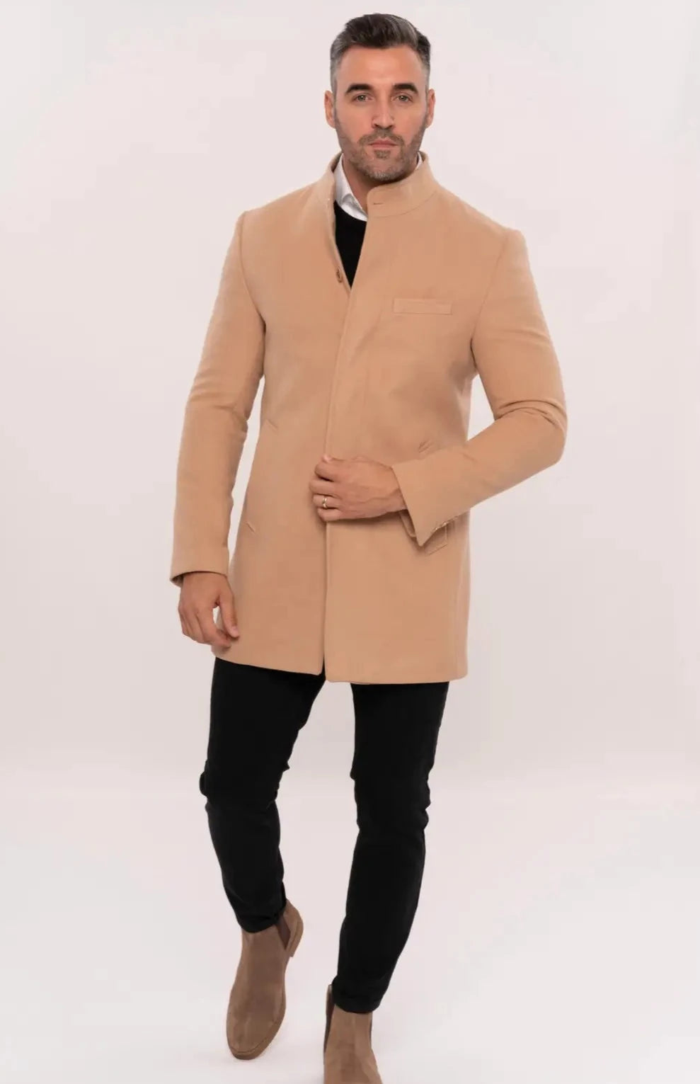 Mandarin Collar Beige Men's Long Men's Coat-Clothing - Men-Wessi-36-Beige-Urbanheer