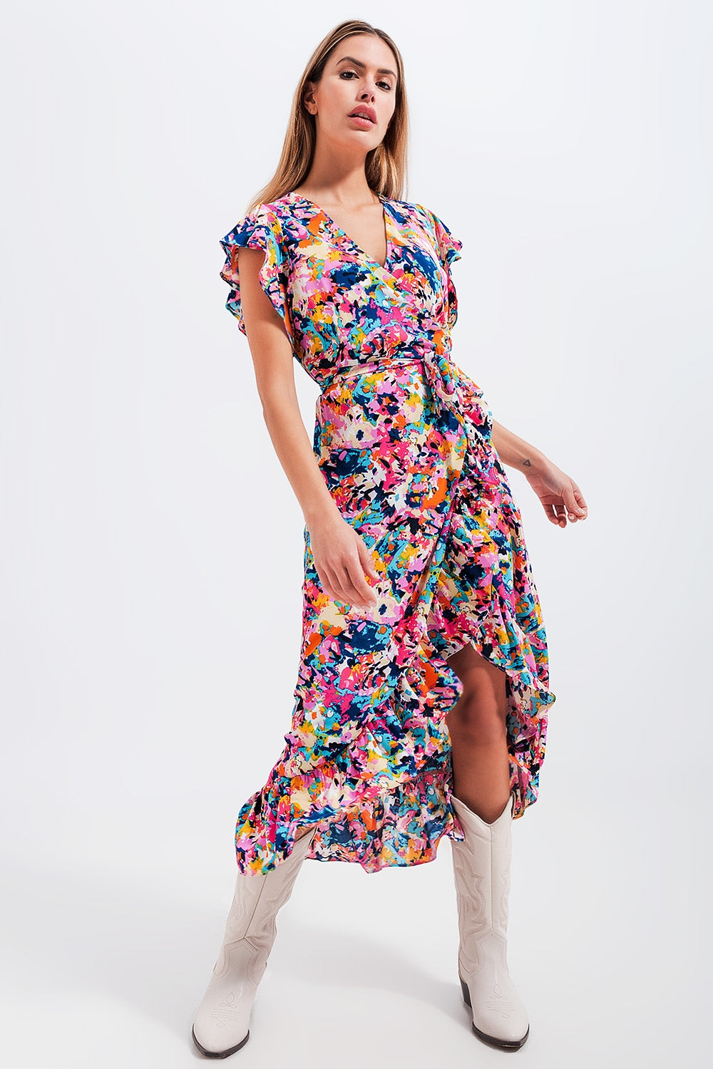 Ruffle Wrap Maxi Dress in Blue Floral-Q2-Small-Urbanheer